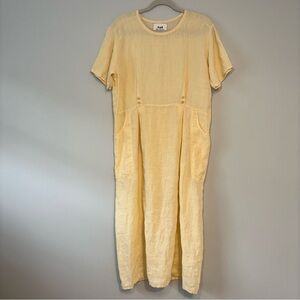 FLAX by Jeanne Engelhart‎ 100% Linen Yellow Pleated Front Midi Dress Small